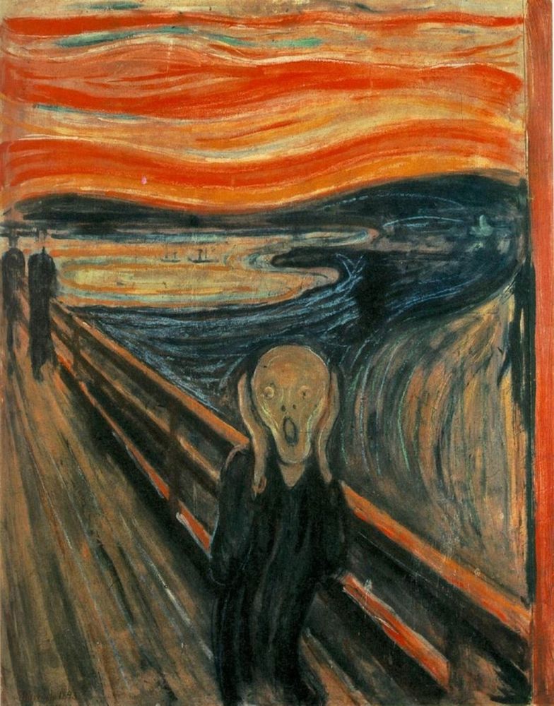 Edvard Munch's The Scream painting - a horrified ghost like character holds their hands to their face in terror