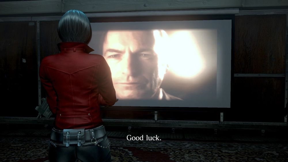 ada wong in resident evil 6 viewing a projector image modded to be a 3D saul goodman from https://www.youtube.com/watch?v=gDjMZvYWUdo
