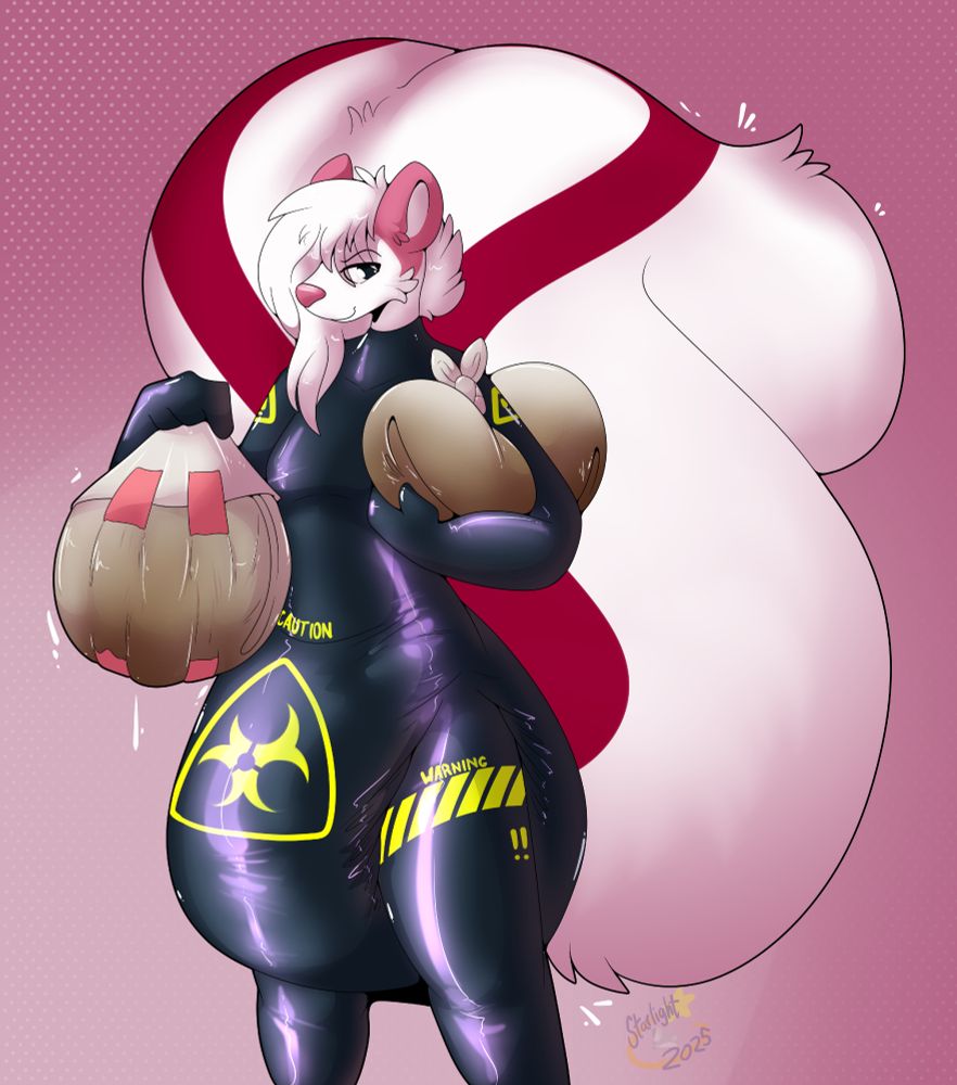 artwork of an anthro male skunk wearing a neck down full latex suit with biohazard warnings on it. He looks smug while he holds a very full heavy diaper in either paw.
