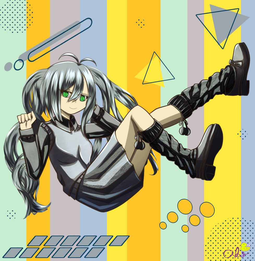 Oc of a girl in a cute "falling" pose. Bg is filled with stripes and various shapes. Blues, yellows, and oranges. 