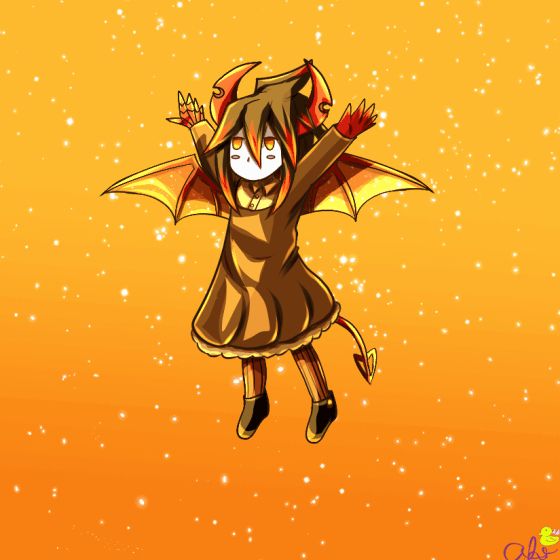 A gif of little Ivlis jumping up and down before a sunset gradient of flashing stars. 