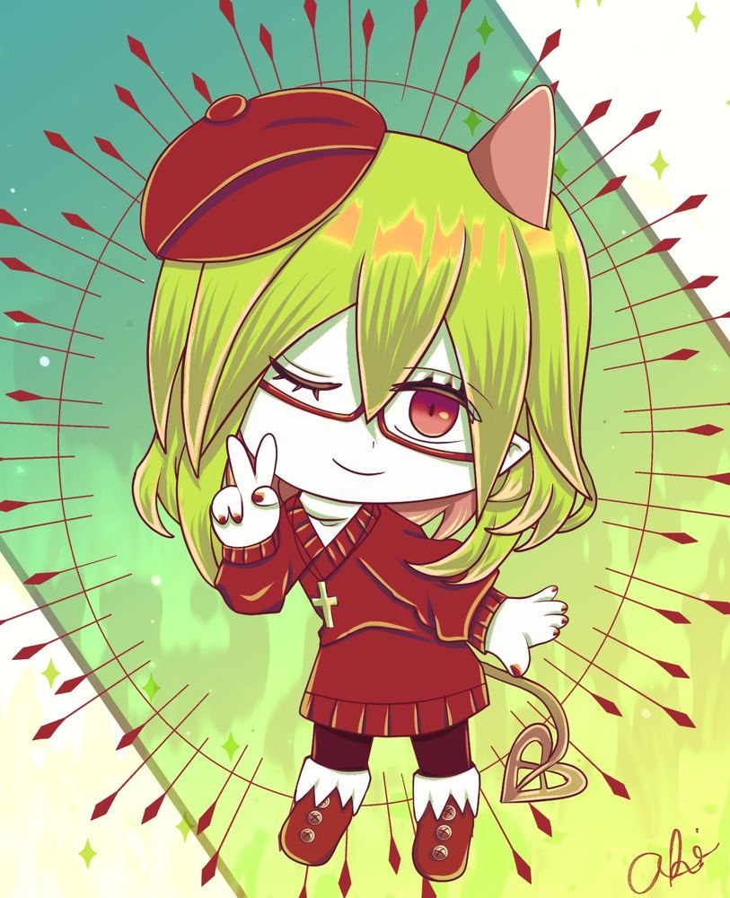 A winking demon girl wearing a red sweater and beret holding up a peace sign. Celebrating The Gray Garden's 12 year anniversary. 