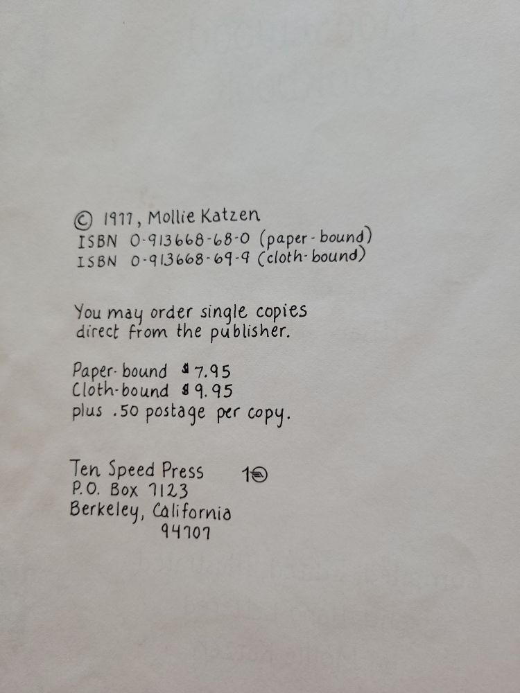 Copyright page of Molly Katzen's 1977 Moosewood Cookbook 