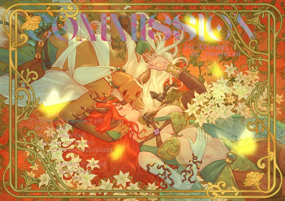 two women laying around roses and lillies in art nouveau style