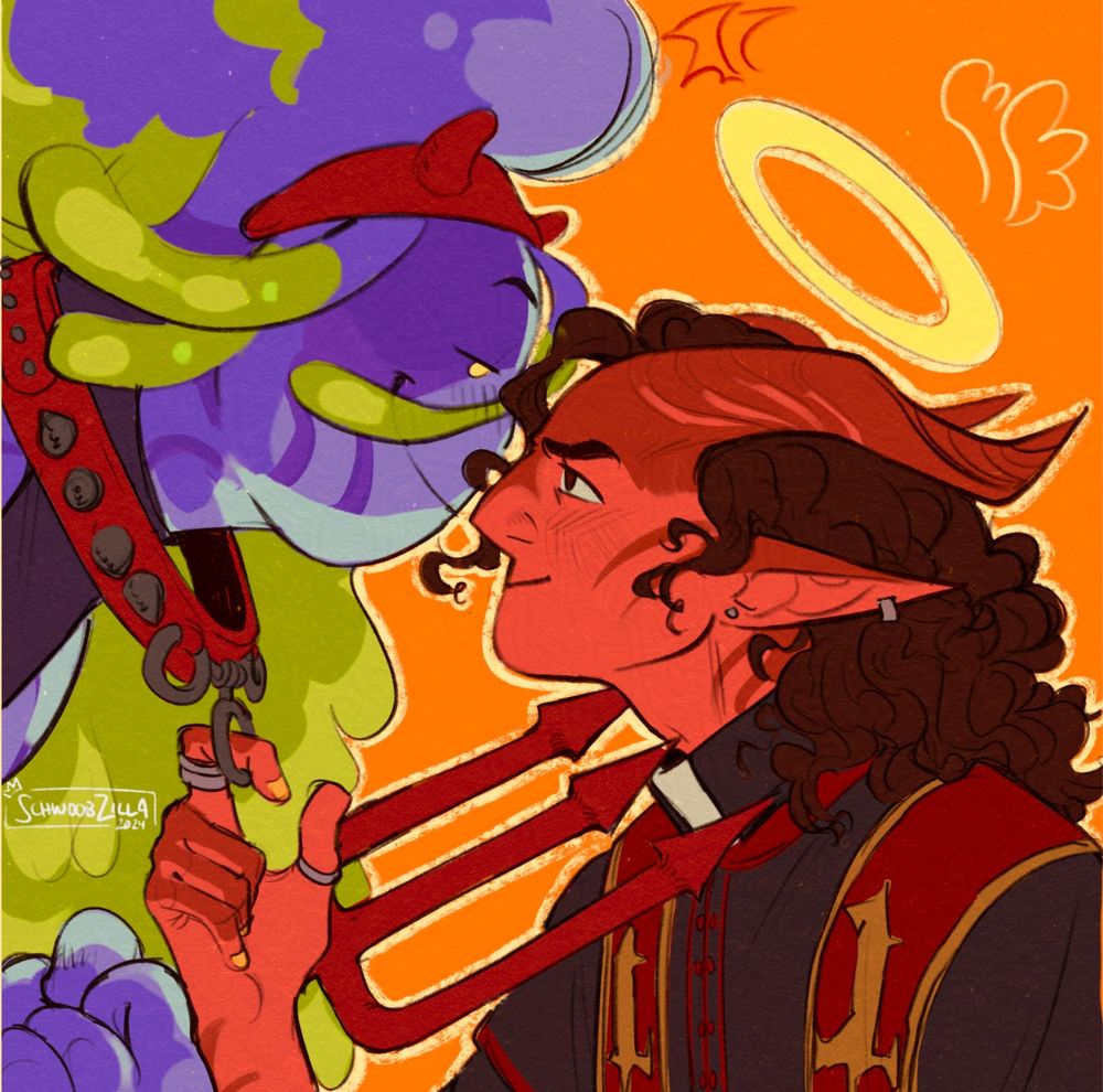 digital art of two original characters: C0DE-E, a beefy slime person, and Xerxes, a red tiefling, dressed for halloween and flirting with each other.