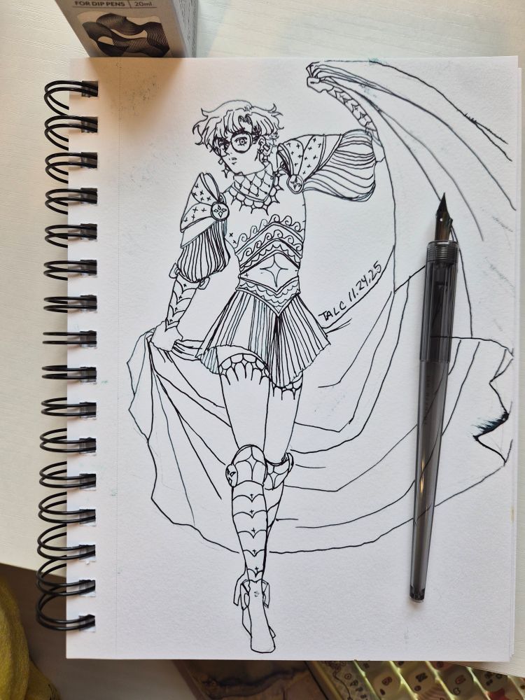 Dip pen lineart of my FE3H OC using the Dipton Dark Cove ink