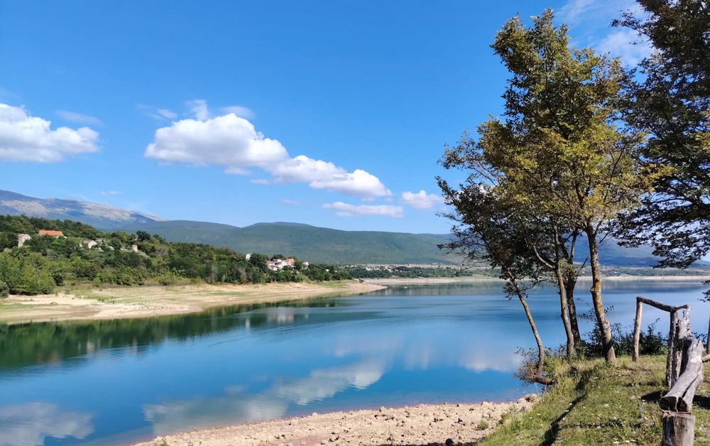 Fluffy clouds are reflected in the view of a lake that includes a small sandy beach and young trees in the foreground. 