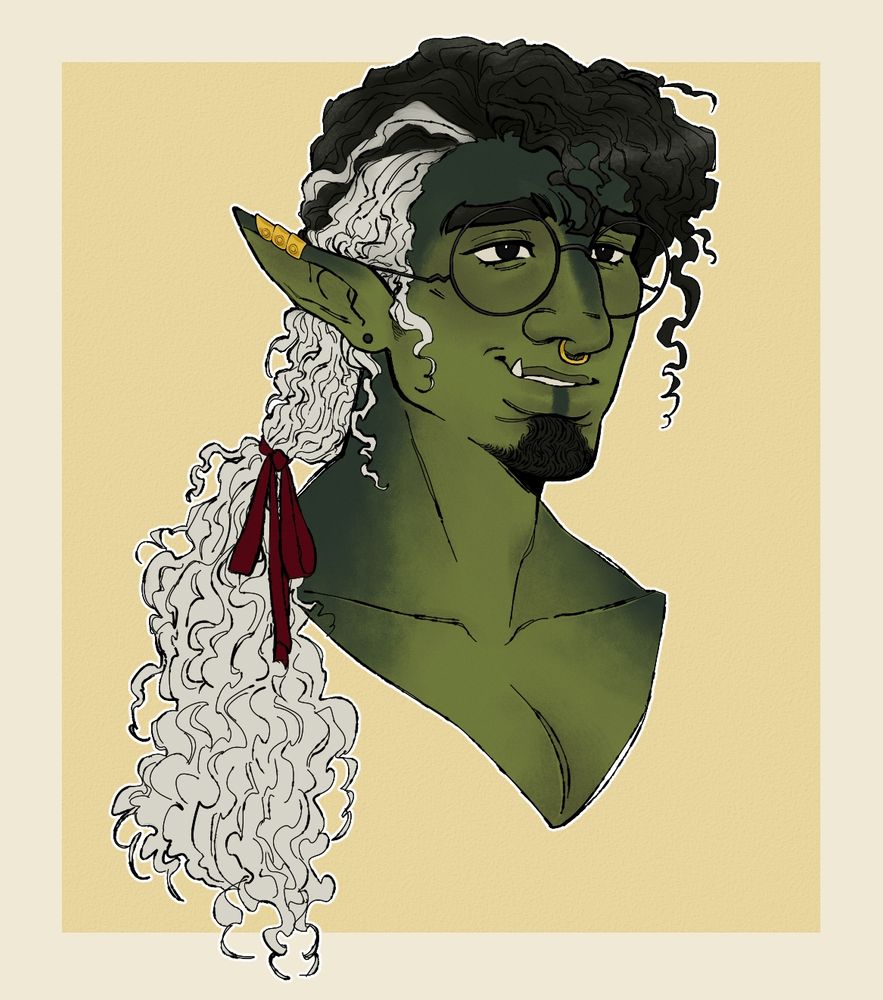 A nerdy half orc wearing big round glasses. His skin has dark green patterns and his hair is black at the top of his head and white as it goes down into a curly ponytail tied by red ribbon. Only one small tusk is visible in his mouth. He has a gold cuff on the slope of his ear and a small, simple nose ring. 