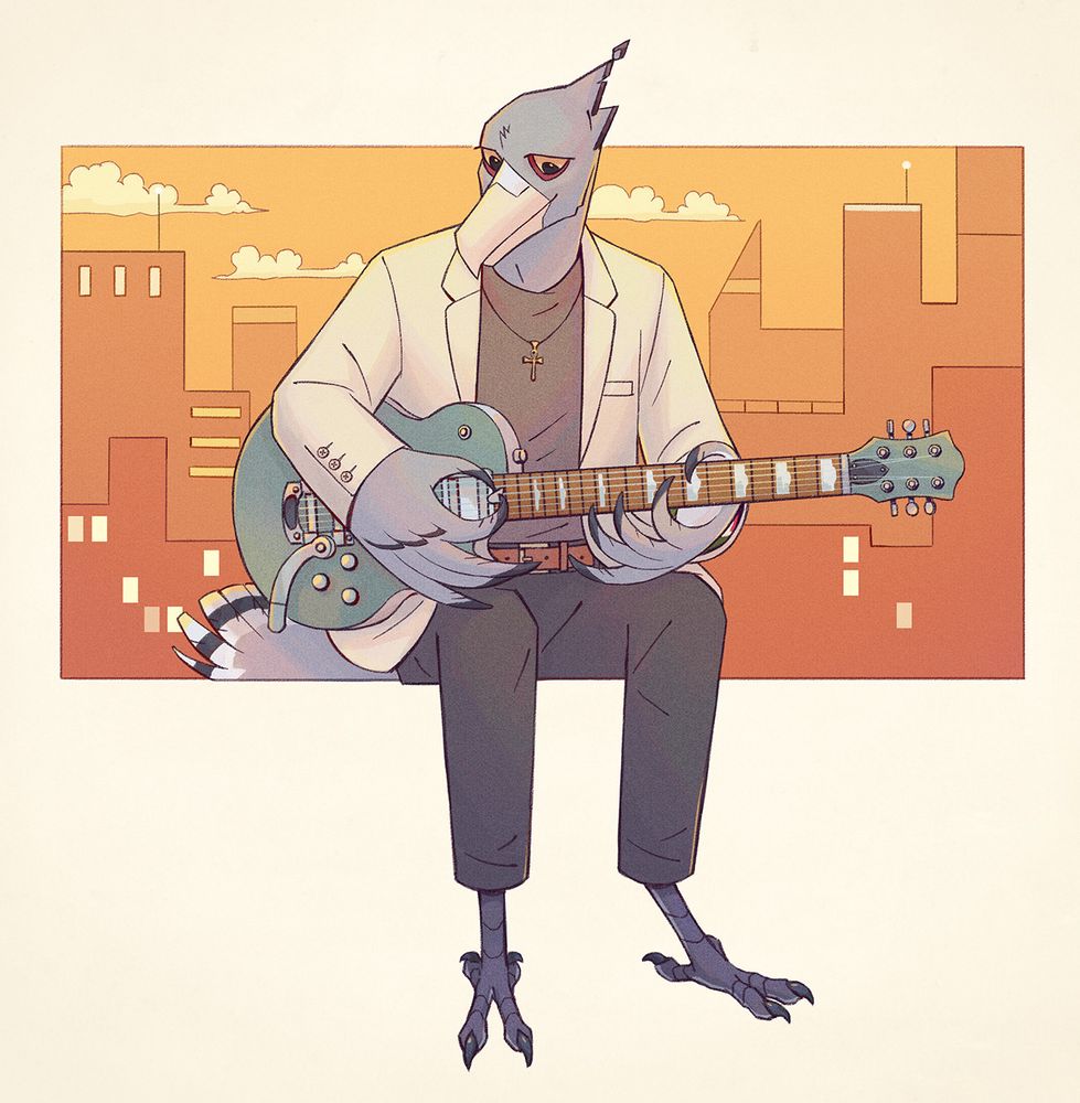 Hexie (he/him), channel-billed cuckoo, sitting and playing his electric guitar - a Gretsch Electromatic Jet - against a city backdrop