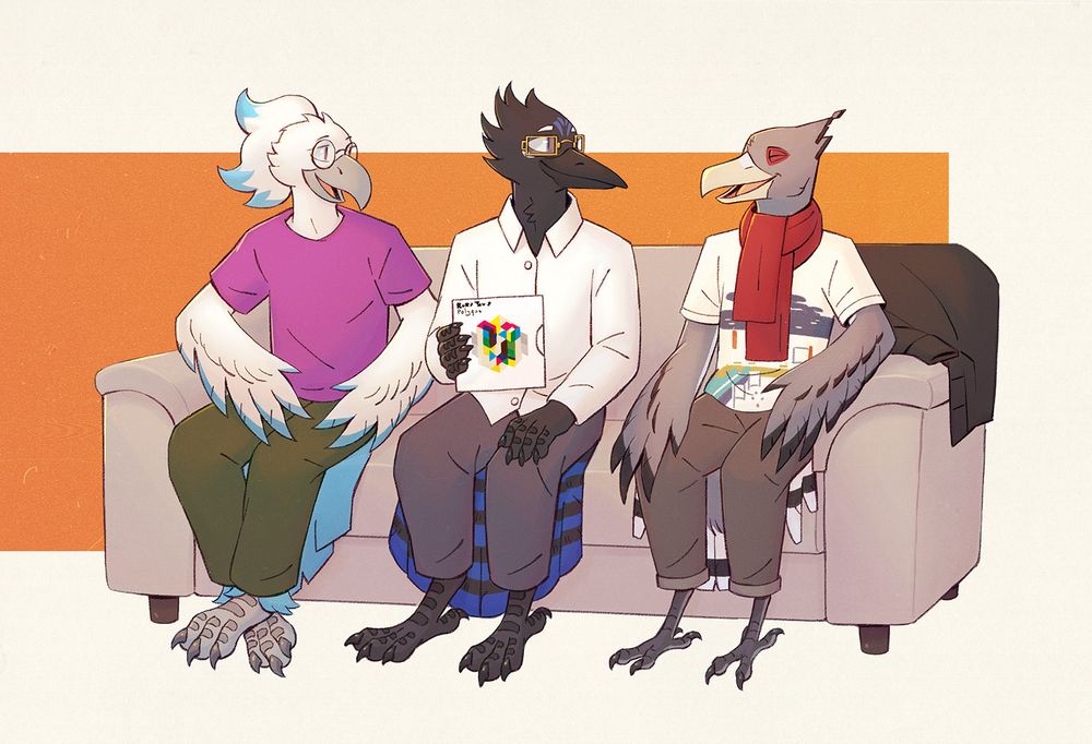 From left to right: Another Bird - Harpe (he/they), PwrPigeon - Zephyr (they/them), hexaflux - Hexie (he/him). Commission art by Kate-Venom.