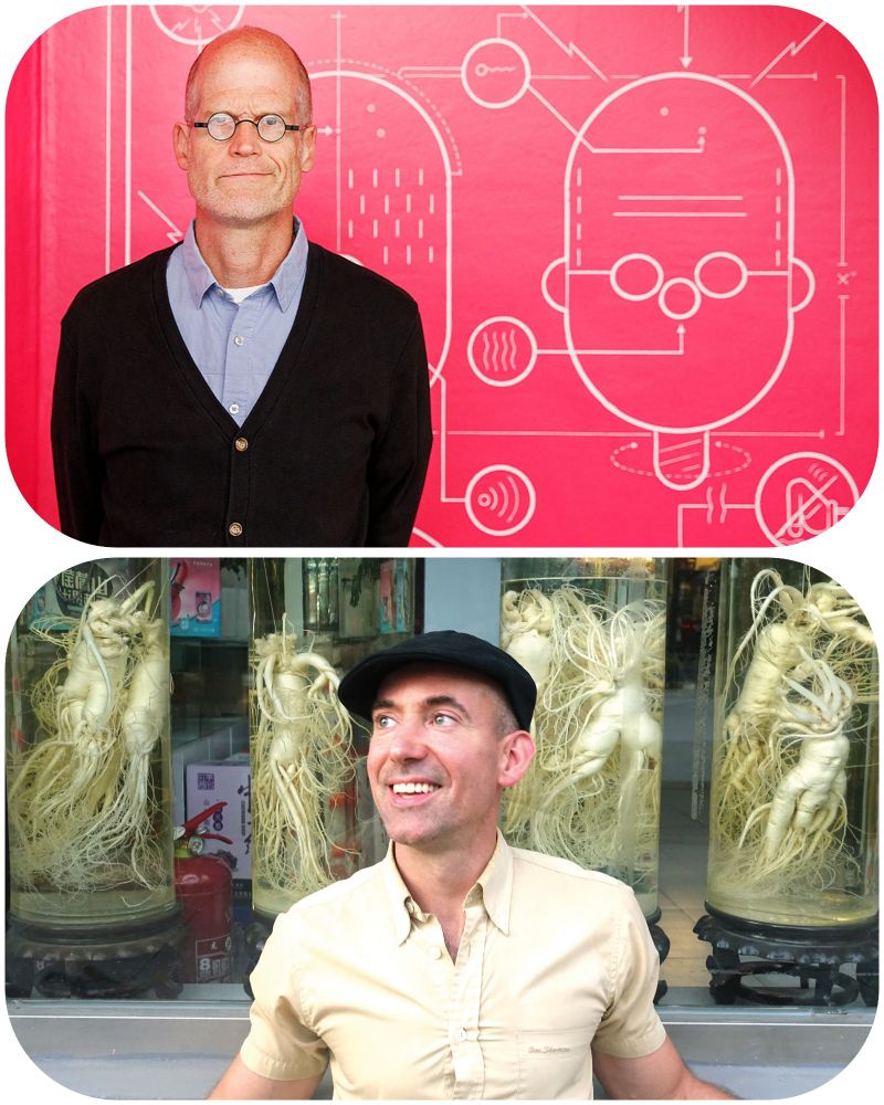 Chris Ware (oben) vor einer Graphik. Craig Thompson (unten) vor Behältern mit Ginseng Wurzeln.