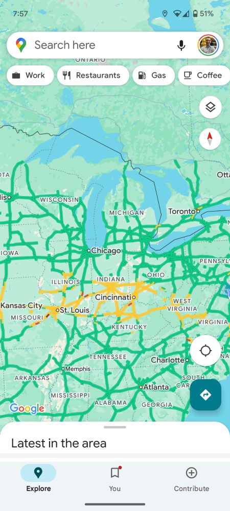 Google maps of the US from about Missouri through Virginia, with most of the roads green and about a two hundred miles section yellow.