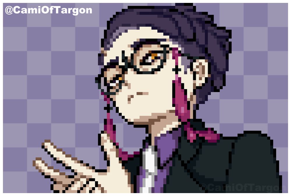 EN: A Pokémon Mugshot style pixel art of the character Corbeau from the game Pokémon Legends: Z-A, he is looking confident with a serious expression while holding his hand with the other, he is wearing round black glasses with an accessory attached to the glasses, dark pink poison drops, his eyes are orange, his hair is purple combed to the side, with a side cut, he wears a black suit with a white tie and a purple blouse.

PT-BR: Uma arte em pixel estilo Mugshot de Pokémon, do personagem Corbeau do jogo Pokémon Legends: Z-A, ele está olhando confiante com uma expressão séria enquanto segura a mão com a outra, ele está usando um oculos redondo preto com um acessorio preso ao oculos,gotas de veneno cor rosa-escuro, seus olhos são laranja, seu cabelo é roxo penteado para o lado, com um side cut, ele veste um terno preto usando gravata branca e uma blusa roxa.

JP: ゲーム「ポケモンレジェンズ Z-A」のキャラクター、コルボーのポケモンマグショットスタイルのピクセルアートです。コルボーは、もう一方の手で手を握りながら真剣な表情で自信に満ちており、アクセサリーが付いた丸い黒い眼鏡をかけています。濃いピンクの毒の雫があり、目はオレンジ色で、紫色の髪はサイドに梳かされ、サイドカットされています。黒いスーツに白いネクタイ、紫色のブラウスを着ています。 (google translated)