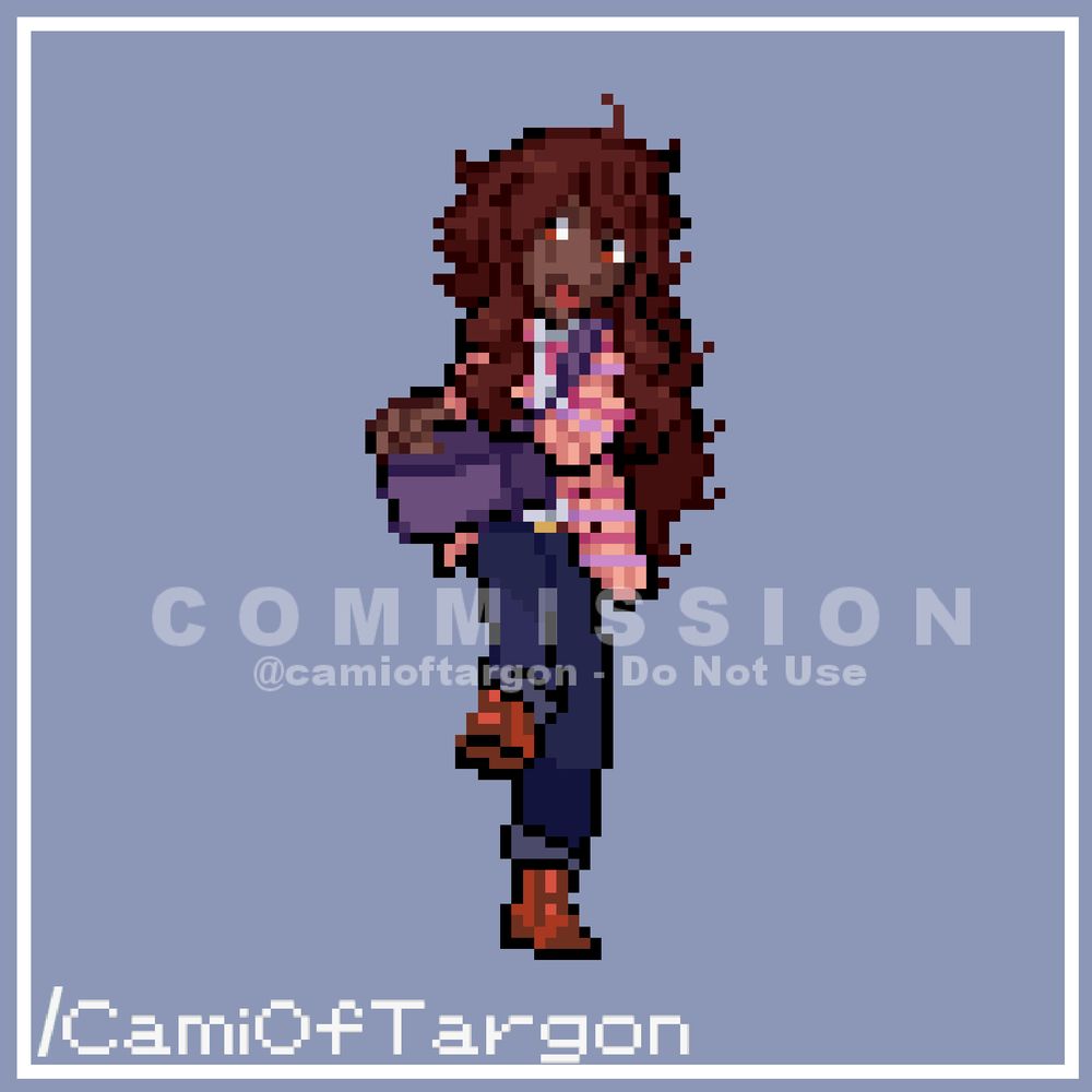 EN: pixel art of a trainer, Pokémon style. A character with black skin and long reddish brown hair, wearing a pink plaid jacket with orange and lilac details, over a white shirt, wearing dark blue pants and reddish boots, the character is in a pose with one leg raised, lifting his purple bag as if searching for something inside it.

PT-BR: Uma pixel arte de treinador, estilo Pokémon. Um personagem de pele negra e cabelo longo marrom avermelhado, usando uma jaqueta xadrez rosa com detalhes em laranja e lilás, por cima de uma camisa branca, usando uma calça azul escura e botas avermelhadas, o personagem está numa pose com uma perna levantada levantando a sua bolsa roxa como se buscasse algo dentro dela.