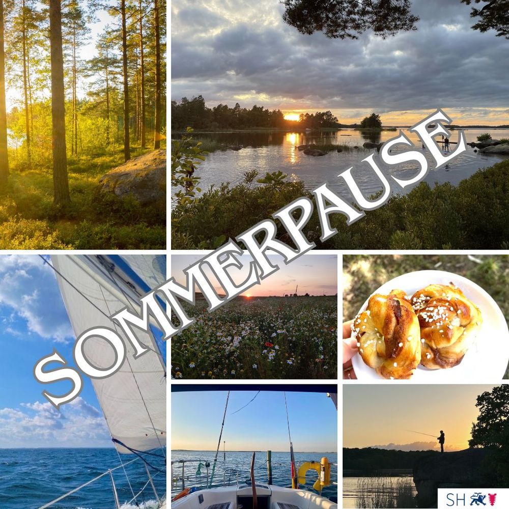 Collage aus mehreren Bildern: Ein Wald, ein See, zwei Bilder von Bord eines Segelschiffes, eine Wiese, ein Angler in der Dämmerung und ein Teller mit Laugengebäck.