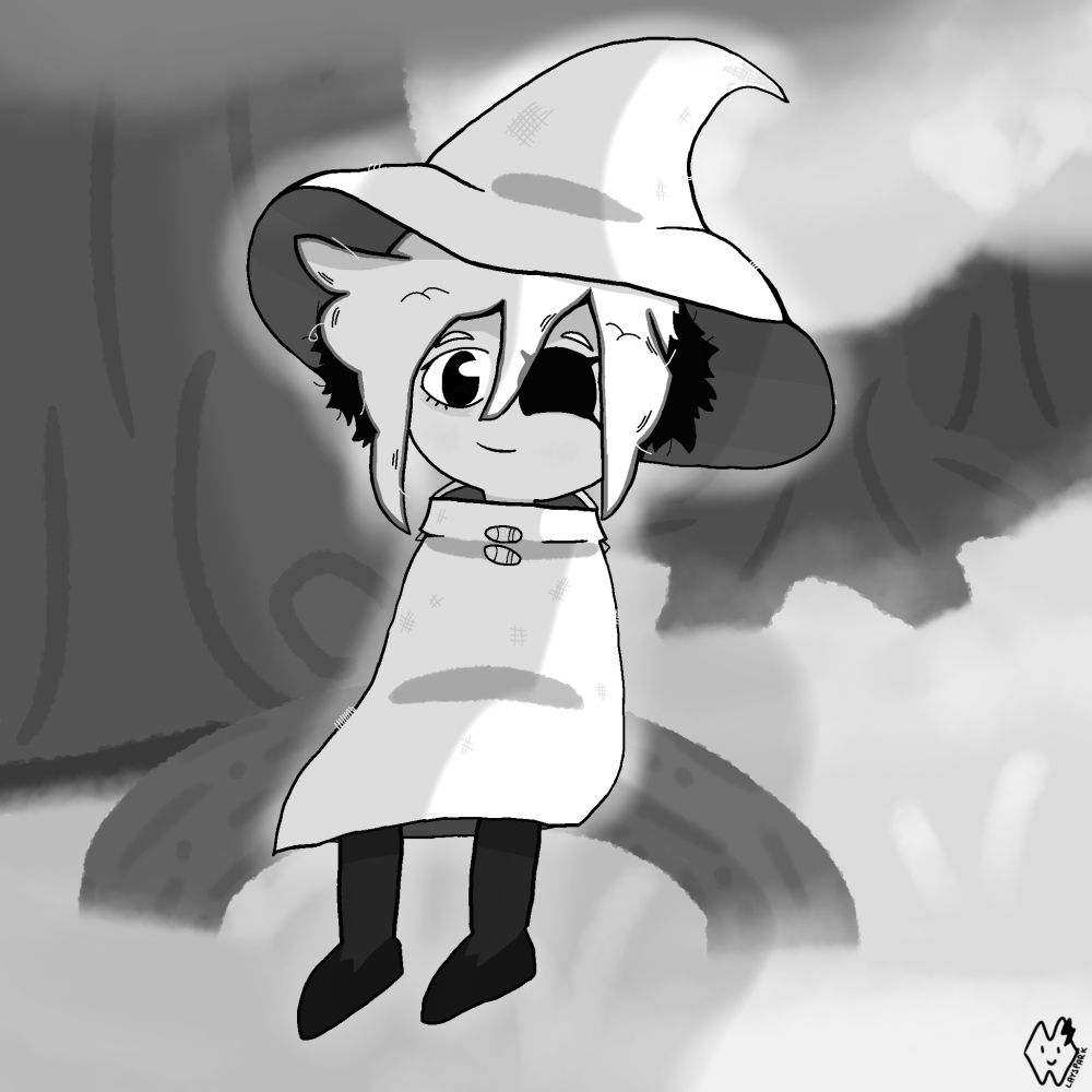 Siffrin, from the indie RPG gamr In Stars and Time, sitting on the root of a big tree (The Favor Tree)