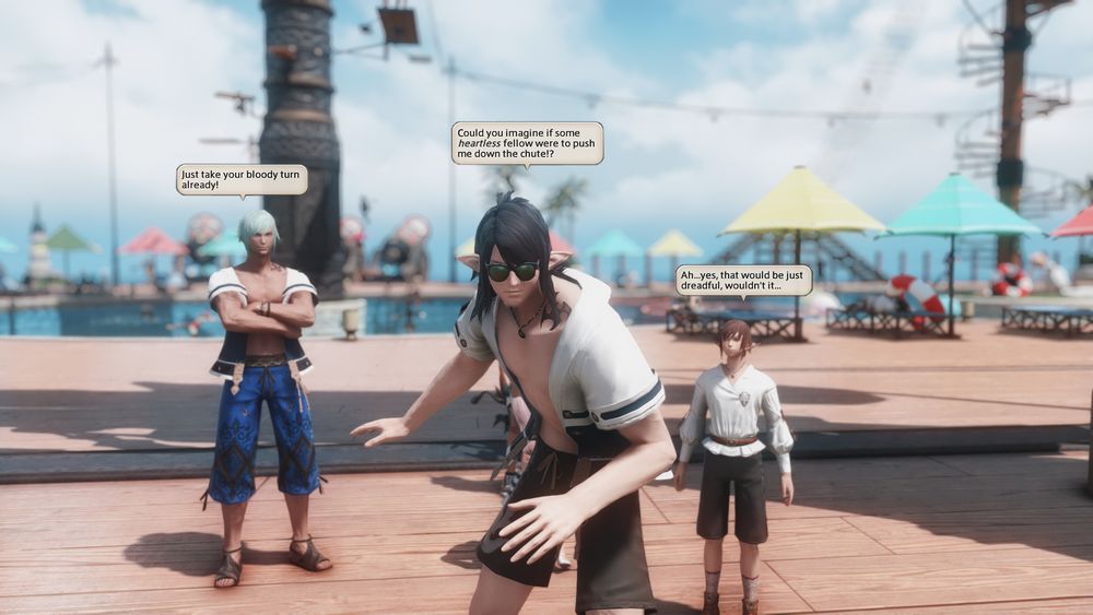 They are on board of cruise ship Queen Lhaminn. Emmanellain looking down the huge water slide reluctunt to ride it. Behind him concerned (maybe?) Honoroit and annoyed Sicard. 

Emmanellain: "Could you imagine if some heartless fellow were to push me down the chute?!"
Honoroit: "Ah... yes, that would be just dreadful, wouldn't it.."
Sicard: "Just take your bloody turn already!"
