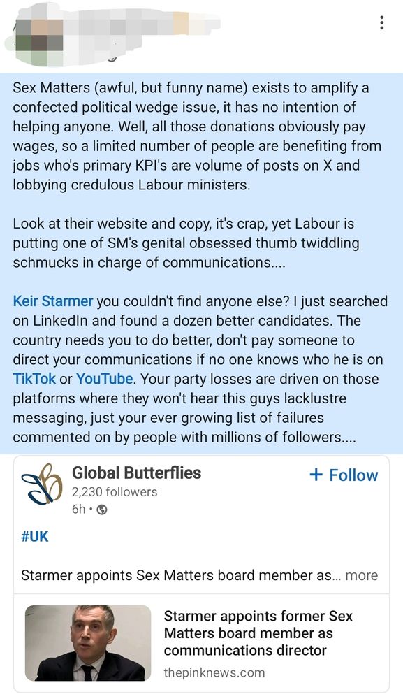 Screenshot of quote post about hiring of transphobic schmuck from Sex Matters to be labour comms director (source pinknews). Text as follows: 