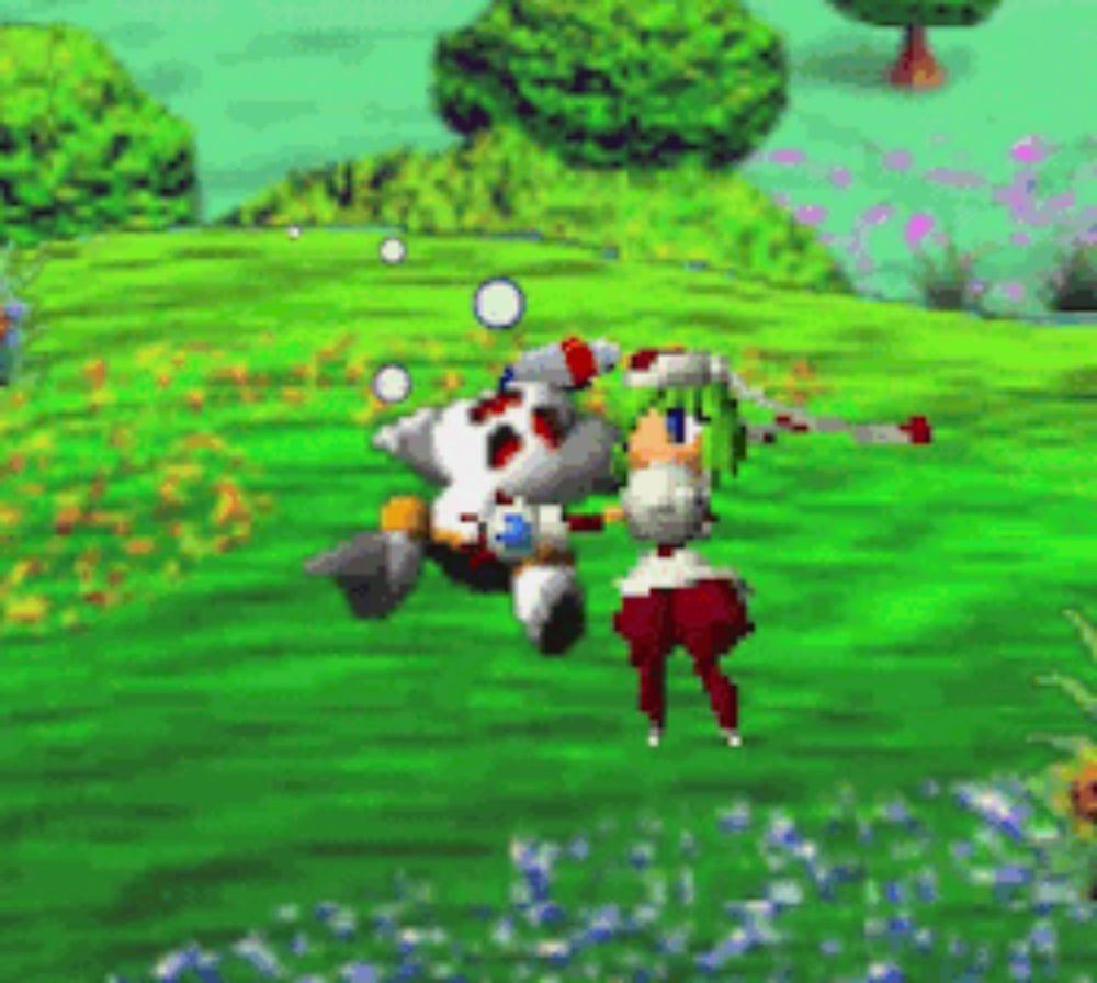 two cartoon characters are playing a video game in a field of flowers