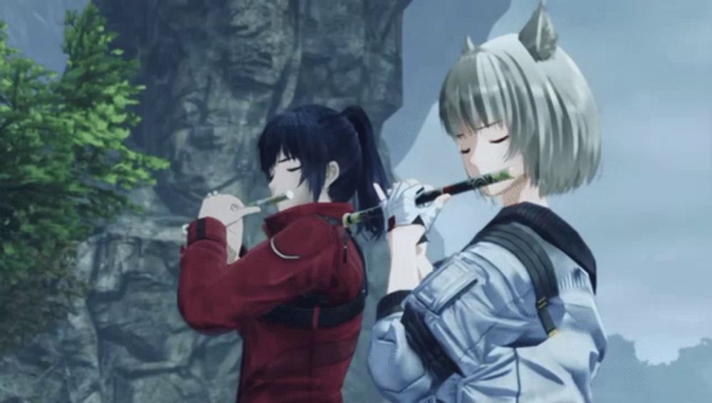 two anime girls are playing a flute together