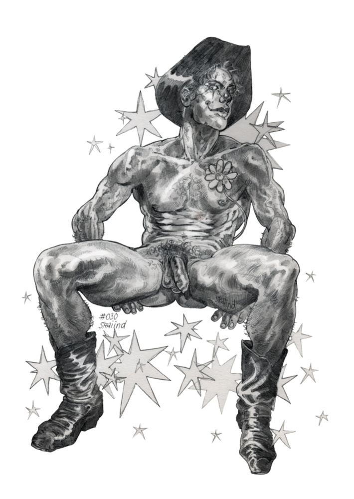 a traditional pencil drawing of a naked rodeo clown wearing only cowboy shoes, hat, a squirty flower and clown make up, sitting legs spread to show off his glistening torso and cOCK. the figure is surrounded with scribbly stars.