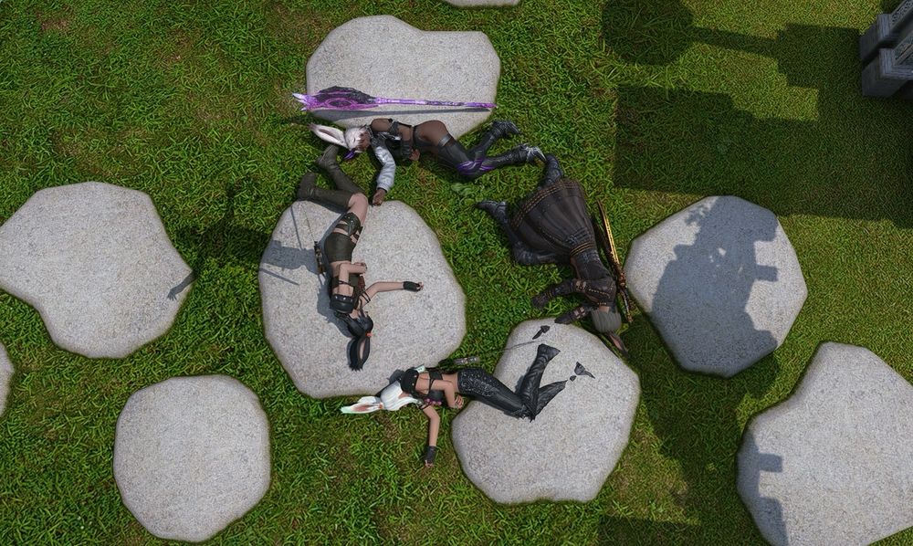 four xiv characters all playing dead in a circle
