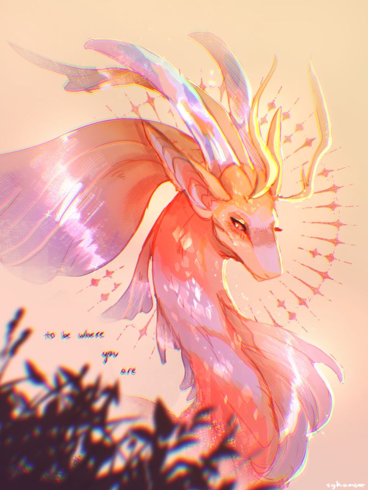 pink and pale purple dragon with gold lighting and a halo behind her