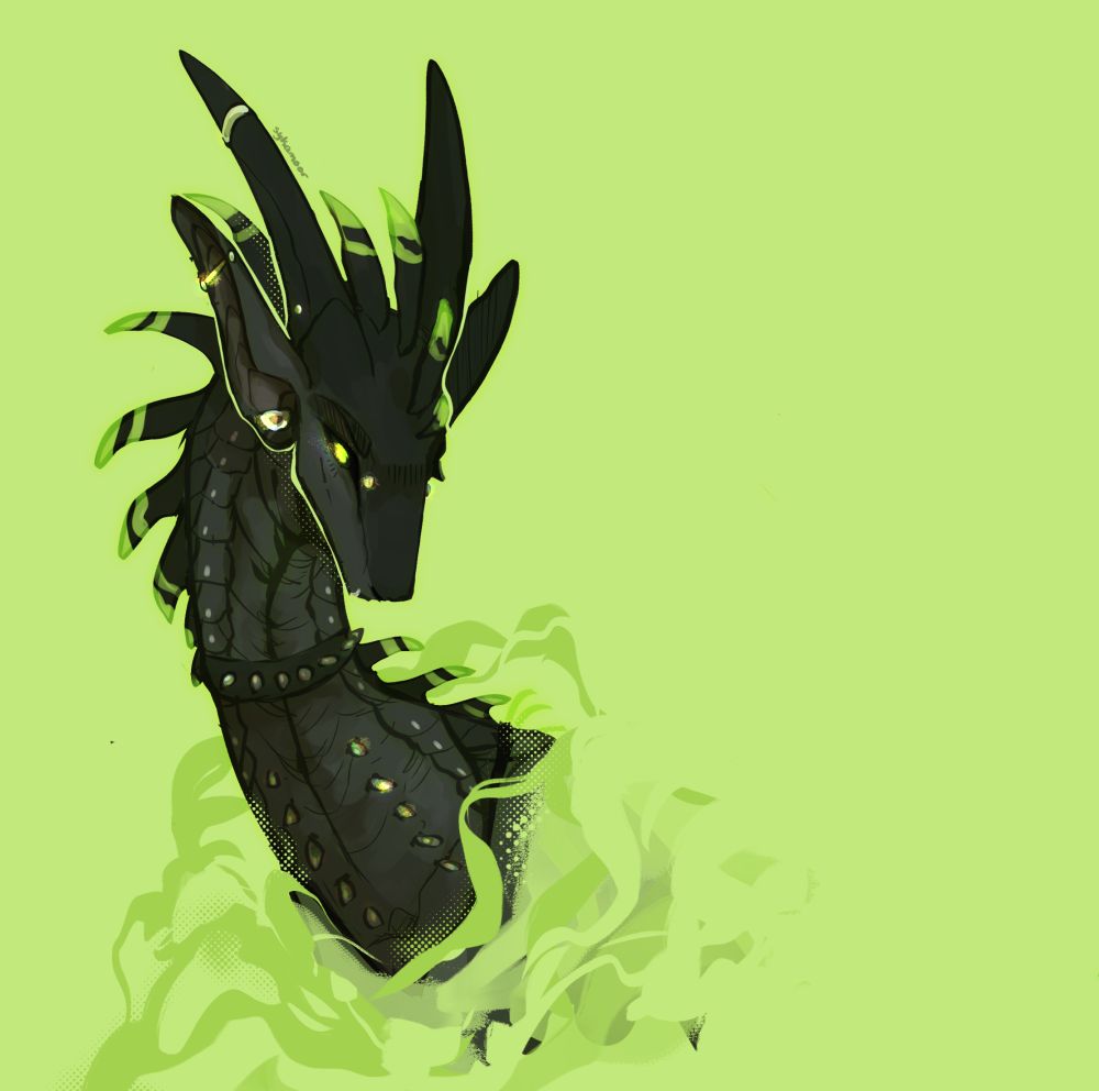 Black and gray dragon with green smoke/flames on a green background 