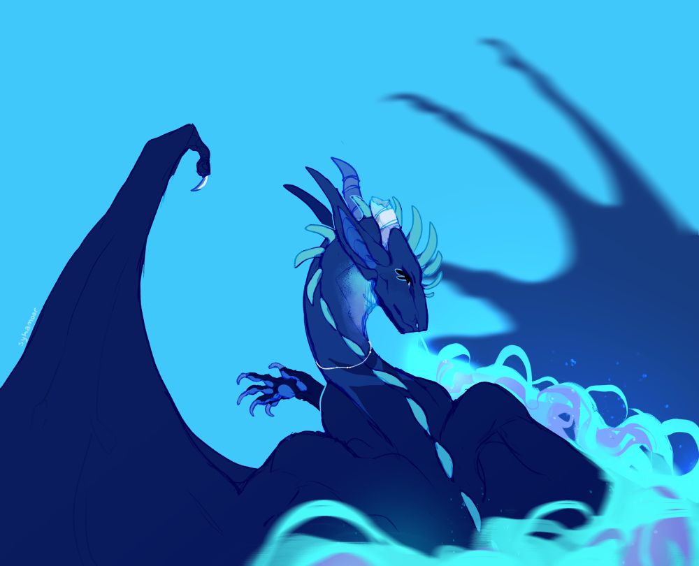 Blue dragon with teal and purple flames 