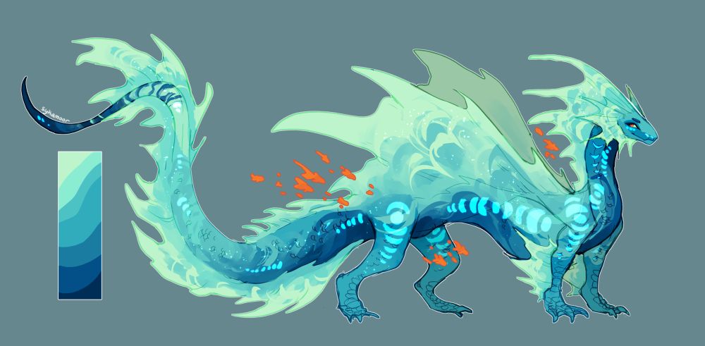 Long fish creature with large fins and frills with a wave pattern
Small orange fish swim around them and they have bioluminescent markings