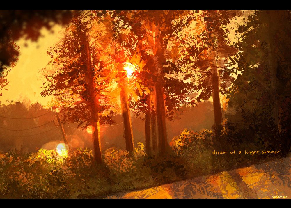 Painting of sunlight coming through trees The sun is very bright and is casting a lens flare 