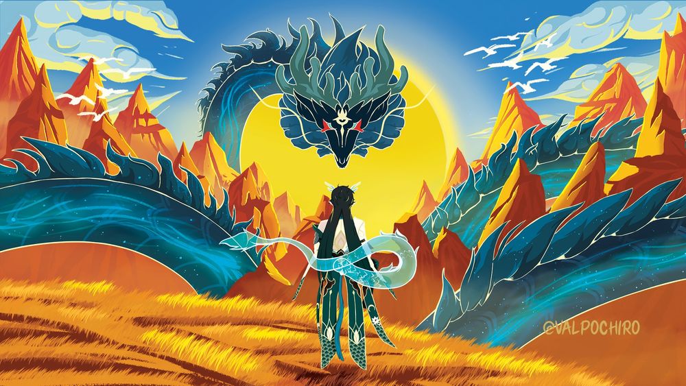 A mountain landscape with a big blue dragon in front of the sun. In the foreground, there is Dan Heng Imbibitor Lunae from Honkai Star Rail