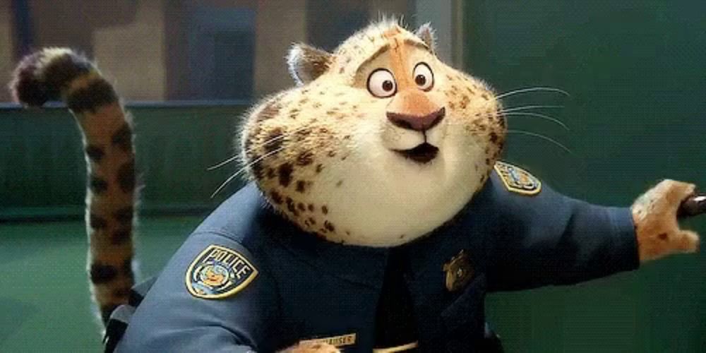 a cartoon cheetah is wearing a police uniform and holding a cane