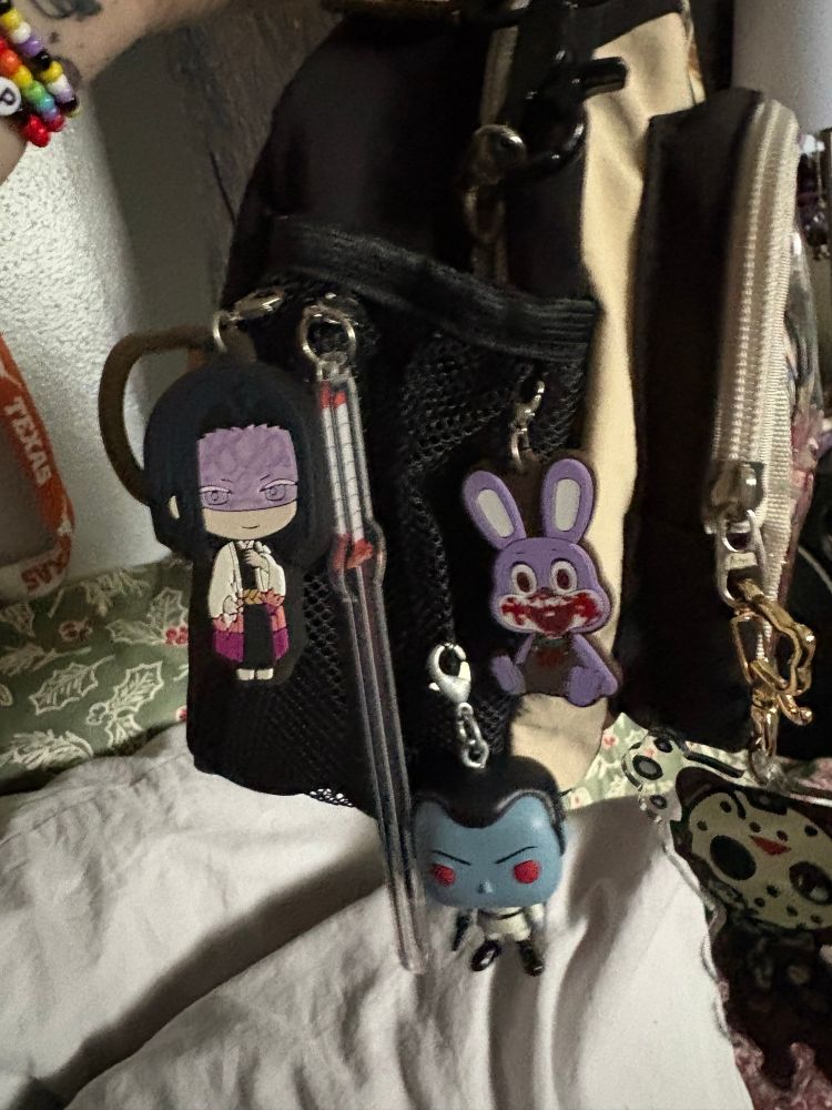 a left side view of my bag, with charms hanging from the side pocket