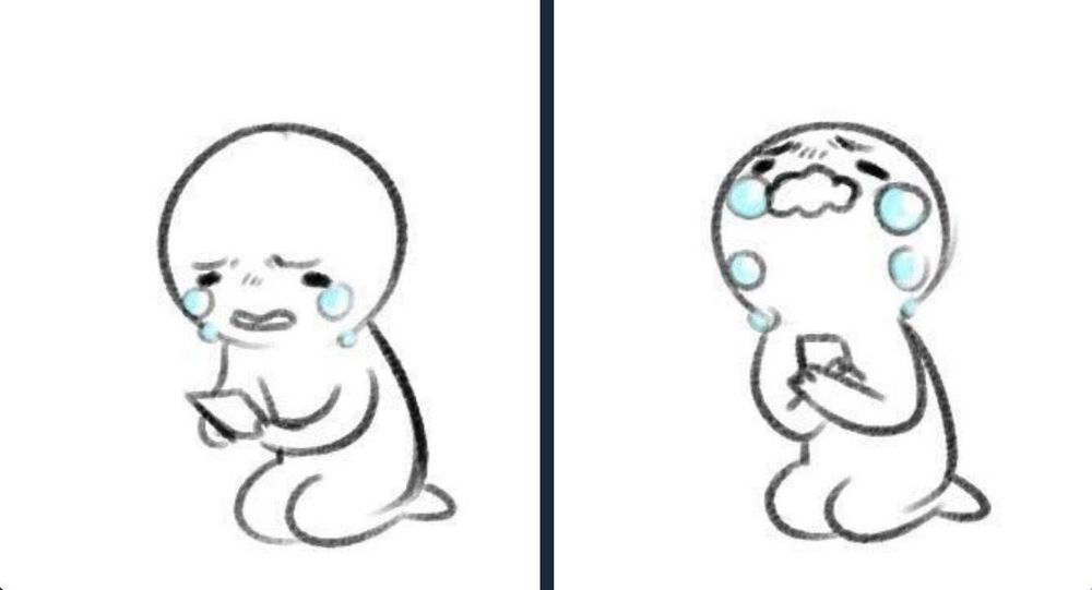 Panel de cómic de dos viñetas, que se ve de izquierda a derecha. A la izquierda aparece un monigote con forma humana, de rodillas, con el rostro compungido mientras mira lo que parece un móvil. A la derecha, el mismo monigote abraza el móvil contra su pecho mientras llora de manera desconsolada.