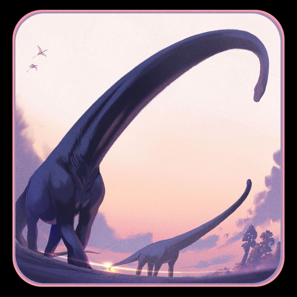 A couple of sauropod dinosaurs during a sunrise. The image has been rendered as if it's in a fish eye lens.