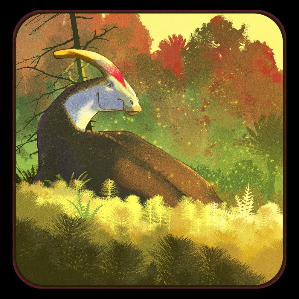 A digital painting of a brown and white parasaurolophus dinosaur lying in a bed of golden horsetails with an abstract forest behind her.