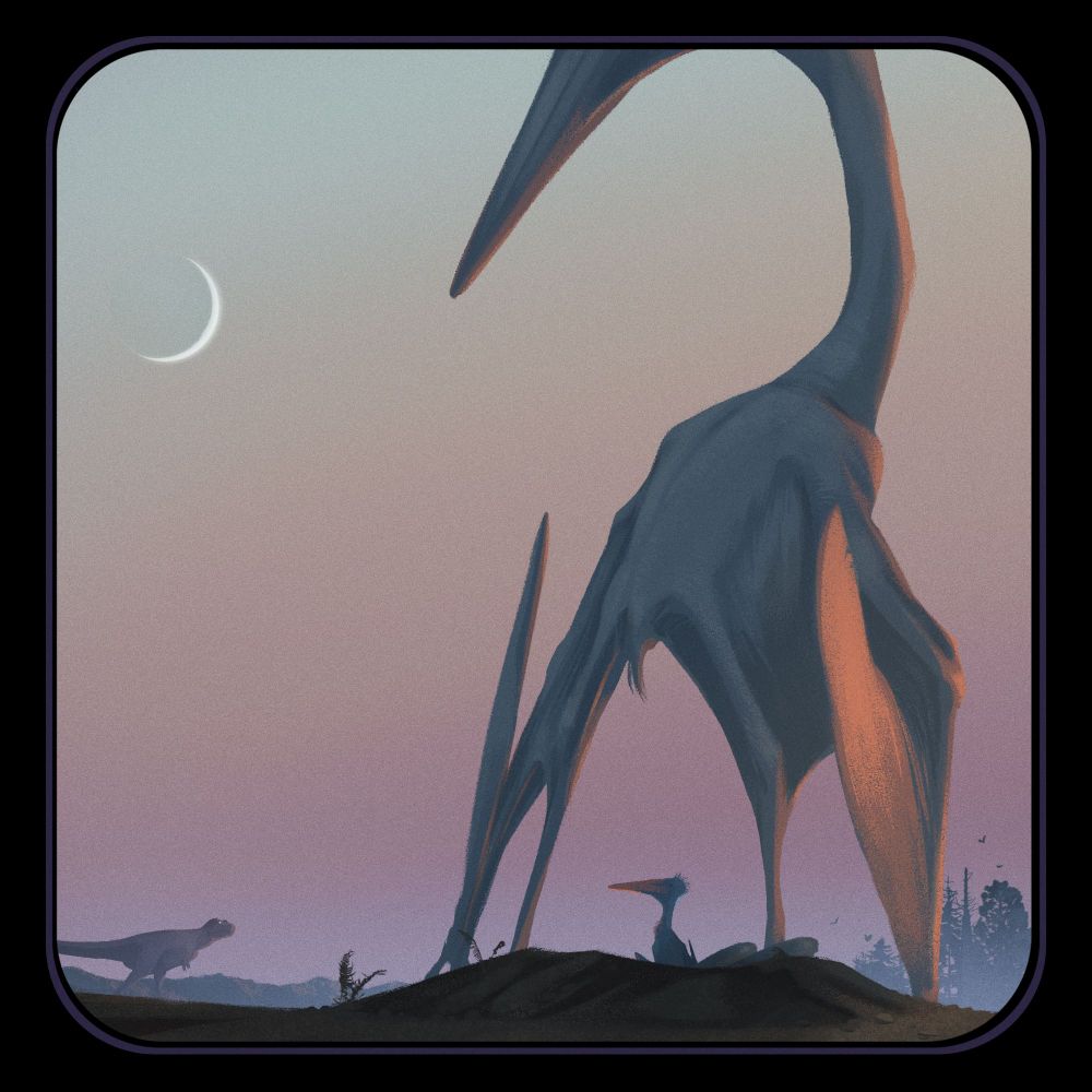 A mama quetzalcoatlus is protecting her baby from an albertosaurus with a crescent moon in the sky.