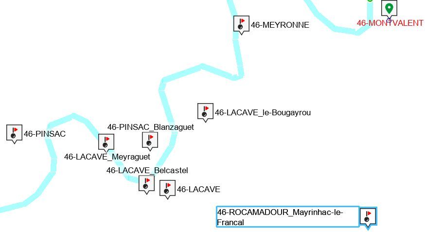carte positionnant les paroisses de Lacave et de quelques paroisses voisines avec la séparation naturelle créée par la Dordogne.