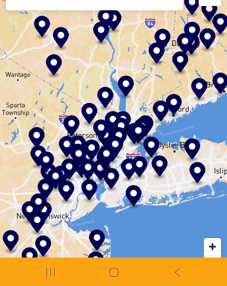 Screen shot of map with NYC at the center.  Map extends to show parts of Long Island, New Jersey, Hudson Valley and Connecticut.  There are over 40 map locator icons indicating where No Kings protests are being held.