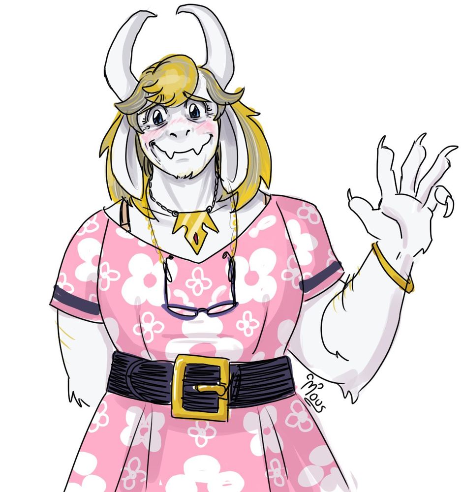 An interpration of Asgore from Undertale as a late-life-transition trans woman. She is wearing a pink floral dress and a crown-shaped necklace 