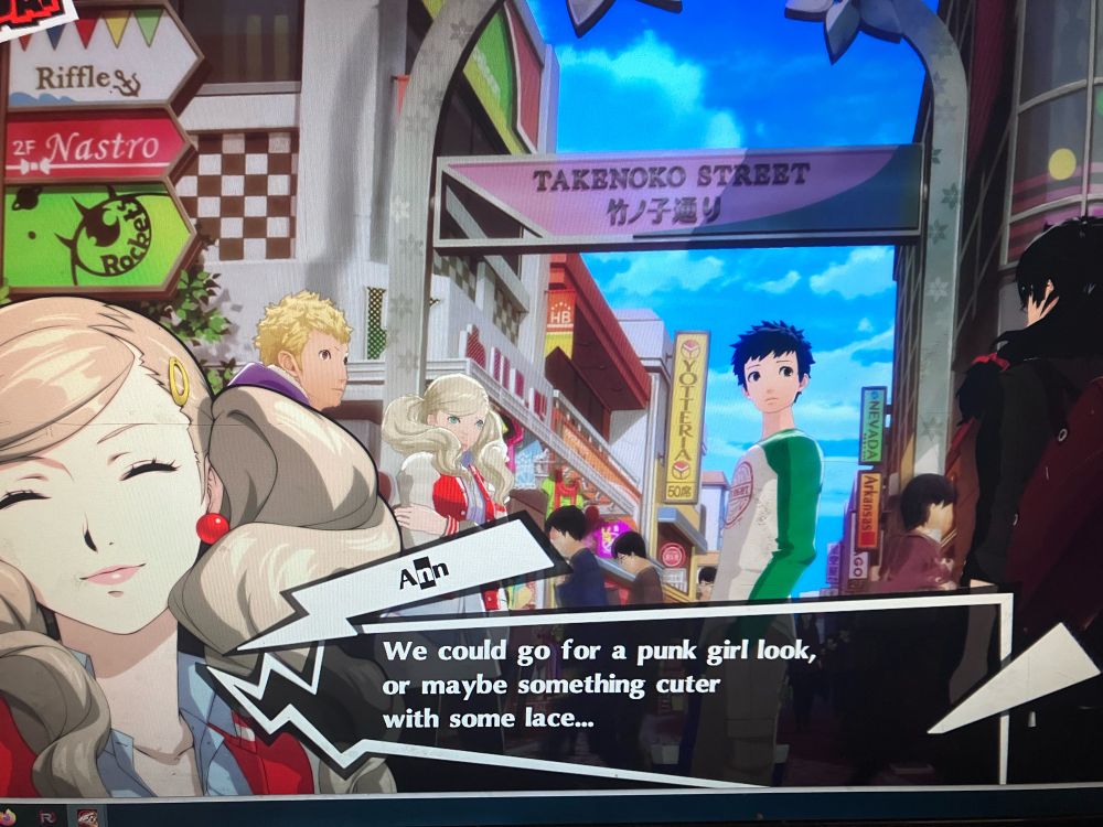Ann Takamaki suggesting giving feMC a punk girl makeover or some cute lace in the Harujuku hangout with Ryuji and Mishima