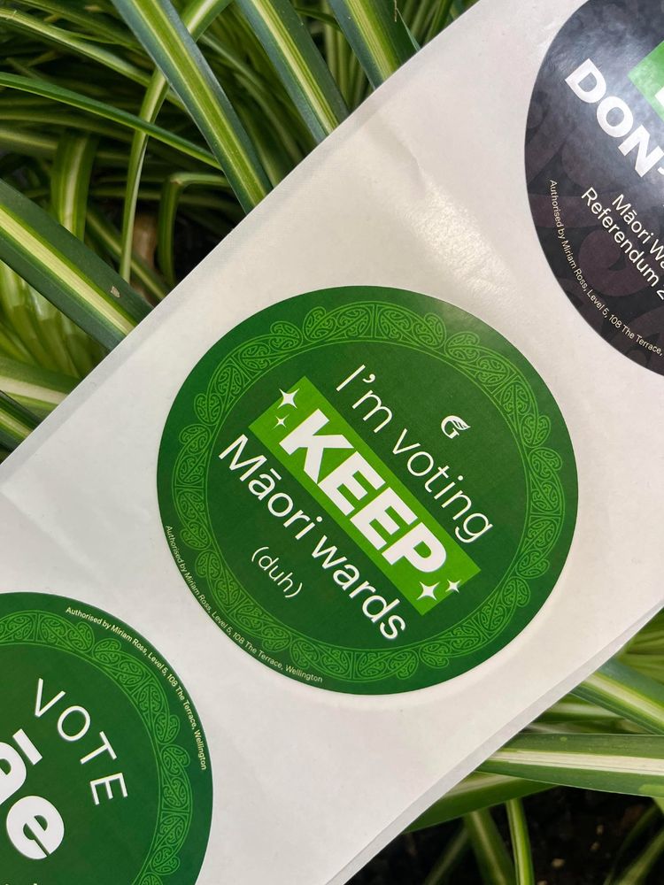 Sticker on a plant background saying 'I'm voting Keep Māori wards (duh)’