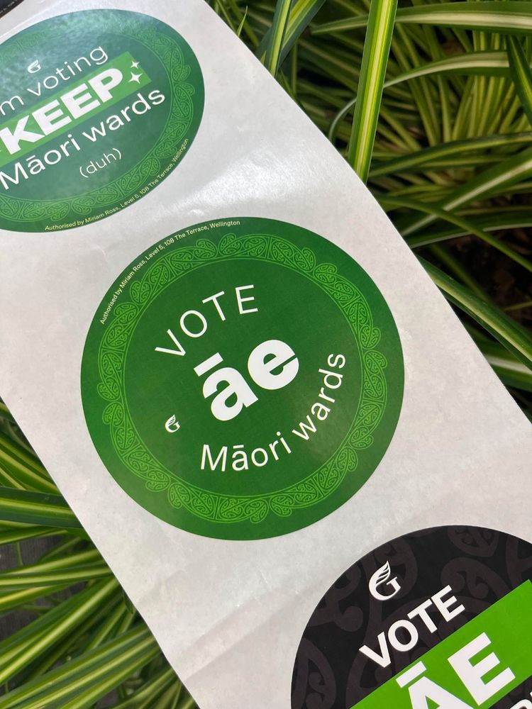 Sticker on a plant background which says 'Vote ĀE Māori wards'