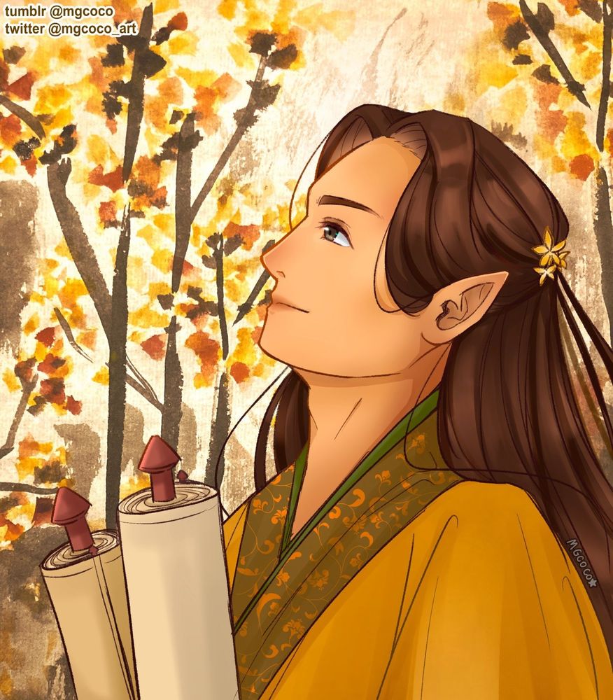 A warm toned scene of Elrond holding scrolls, he is wearing a gold robe and hair in a half up half down style. The background is an ink wash painting of fall foliage