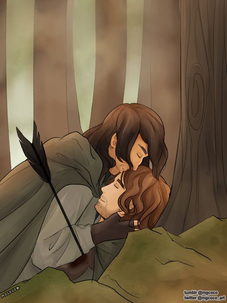 Aragorn is leaning over Boromir, holding the other man's head gently and about to kiss his forehead. Boromir's chest is pierced with a black arrow and he is resting against a tree and rocks, and has a peaceful expression. There are many trees in the background and it looks a bit foggy.
Dismiss