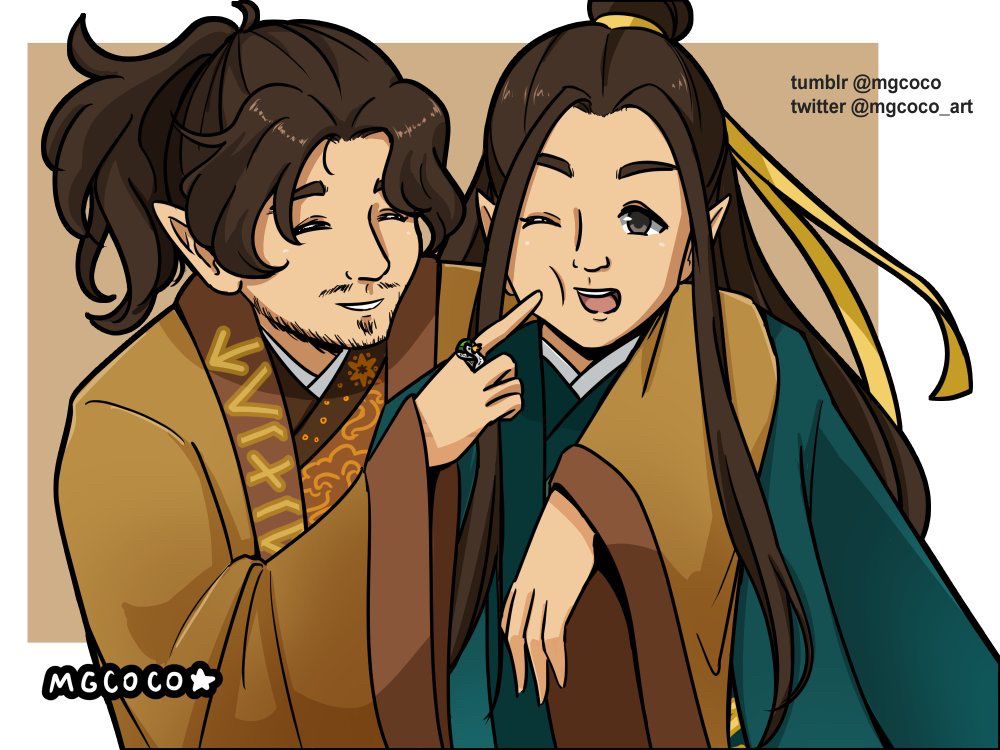 Elros with one arm around Elrond’s shoulder, and poking Elrond on the cheek with his other hand. Both of them have happy expressions, with Elrond’s cheek being slightly squished