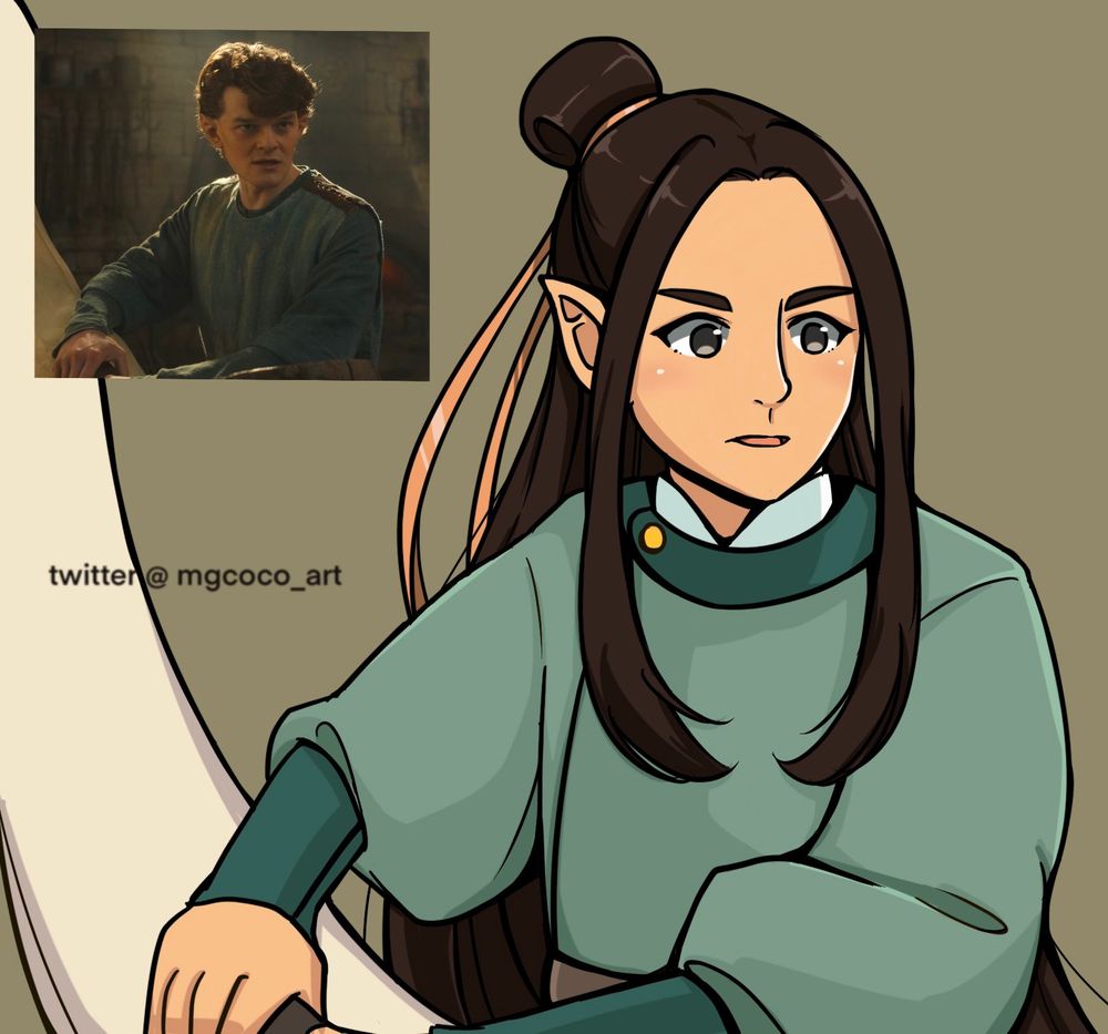 A screenshot and drawing of Elrond from Rings of power sanding down a ship piece. with a serious expression. The drawing features a Chinese styled redesign, featuring him in a hanfu and long hair with a half-up style with a bun