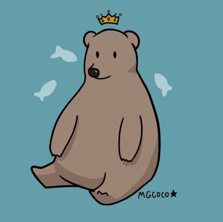 A fat bear with a cartoon crown and fish surrounding it