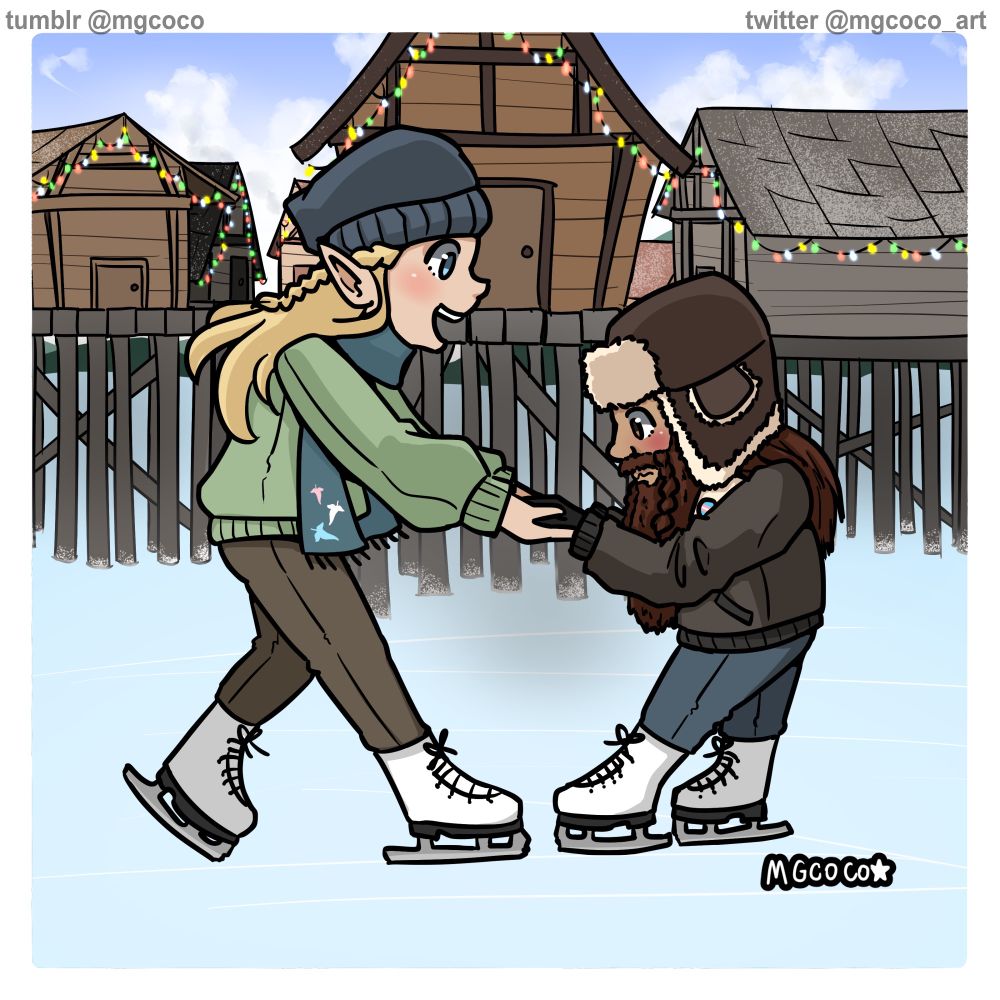 Legolas is happily holding a nervous Gimli's hands while facing him, and leading him in ice skating in Lake-town.
They are wearing cozy winter outfits.
The Lake-Town houses all have holiday lights.